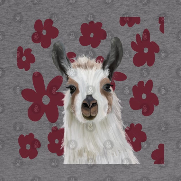 Llama | Burgundy Red Retro Flowers | Llama Lovers gift by Suneldesigns